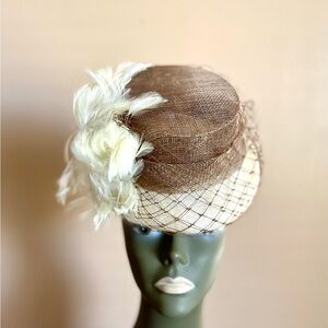 Chic Brown and Cream Floral Pillbox Hat